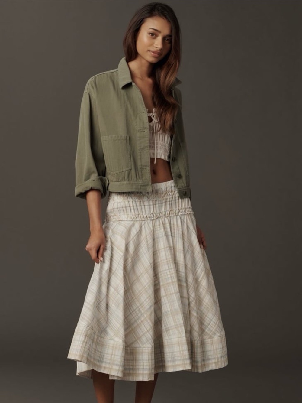 Anthropologie Plaid Midi Skirt in Cream and Tan